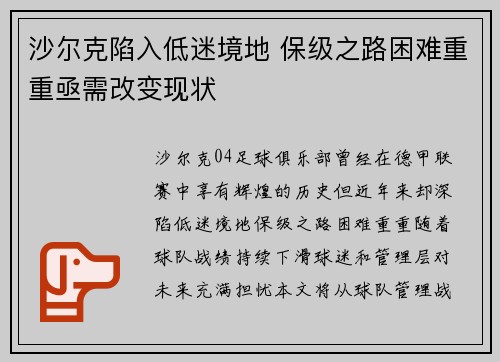 沙尔克陷入低迷境地 保级之路困难重重亟需改变现状