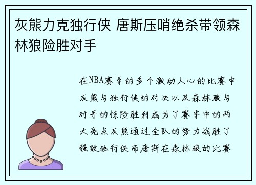 灰熊力克独行侠 唐斯压哨绝杀带领森林狼险胜对手
