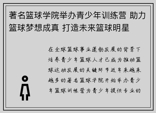 著名篮球学院举办青少年训练营 助力篮球梦想成真 打造未来篮球明星