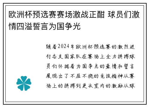 欧洲杯预选赛赛场激战正酣 球员们激情四溢誓言为国争光